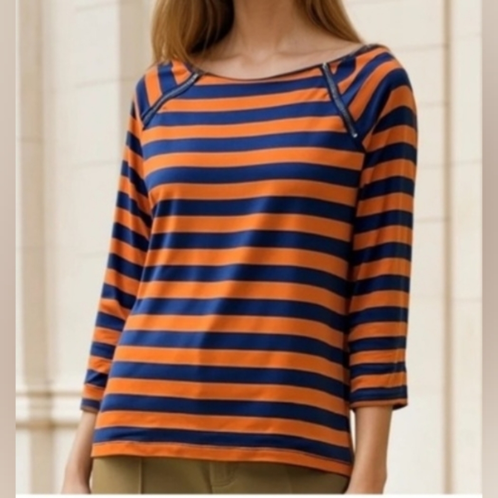 NWOT! J. Crew Women's Navy and Orange Striped Long Sleeve Cotton! Top